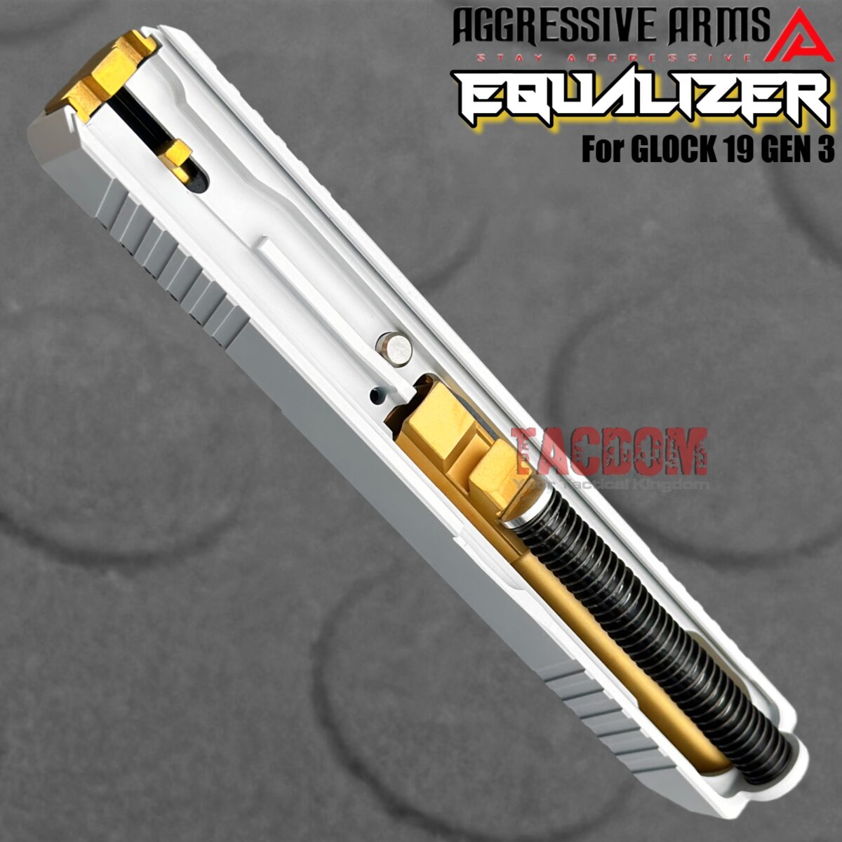 AGGRESSIVE ARMS EQUALIZER COMPLETE PORTED WHITE SLIDE + GOLD OCTA PORT BARREL + GOLD TITANIUM UPPER PARTS KIT + GOLD SIGHTS FOR GLOCK 19 GEN 3 - Image 5