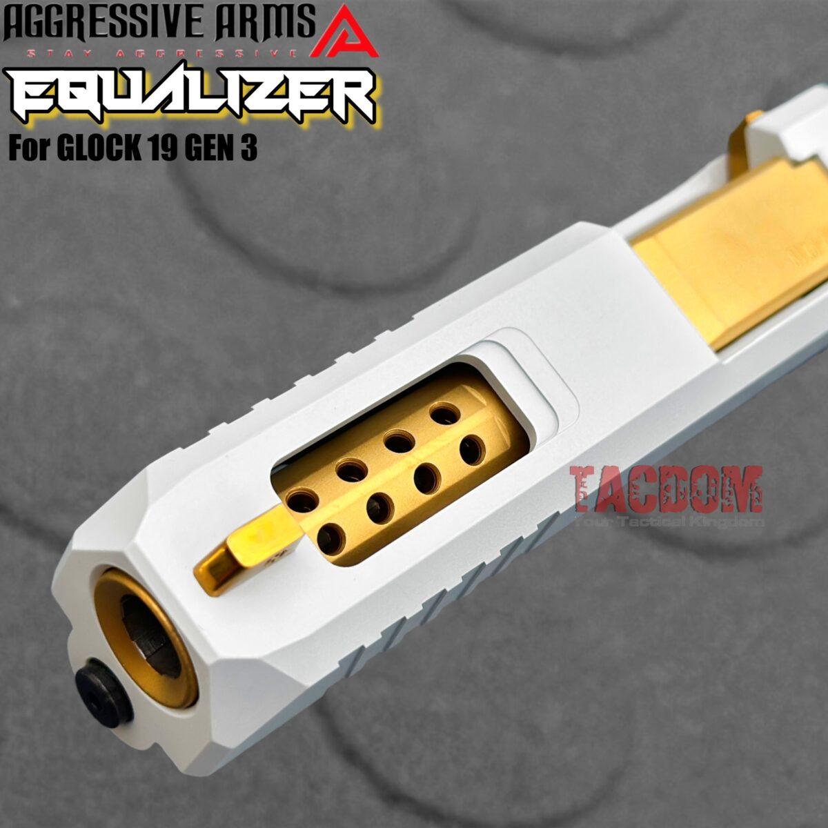 AGGRESSIVE ARMS EQUALIZER COMPLETE PORTED WHITE SLIDE + GOLD OCTA PORT BARREL + GOLD TITANIUM UPPER PARTS KIT + GOLD SIGHTS FOR GLOCK 19 GEN 3 - Image 8