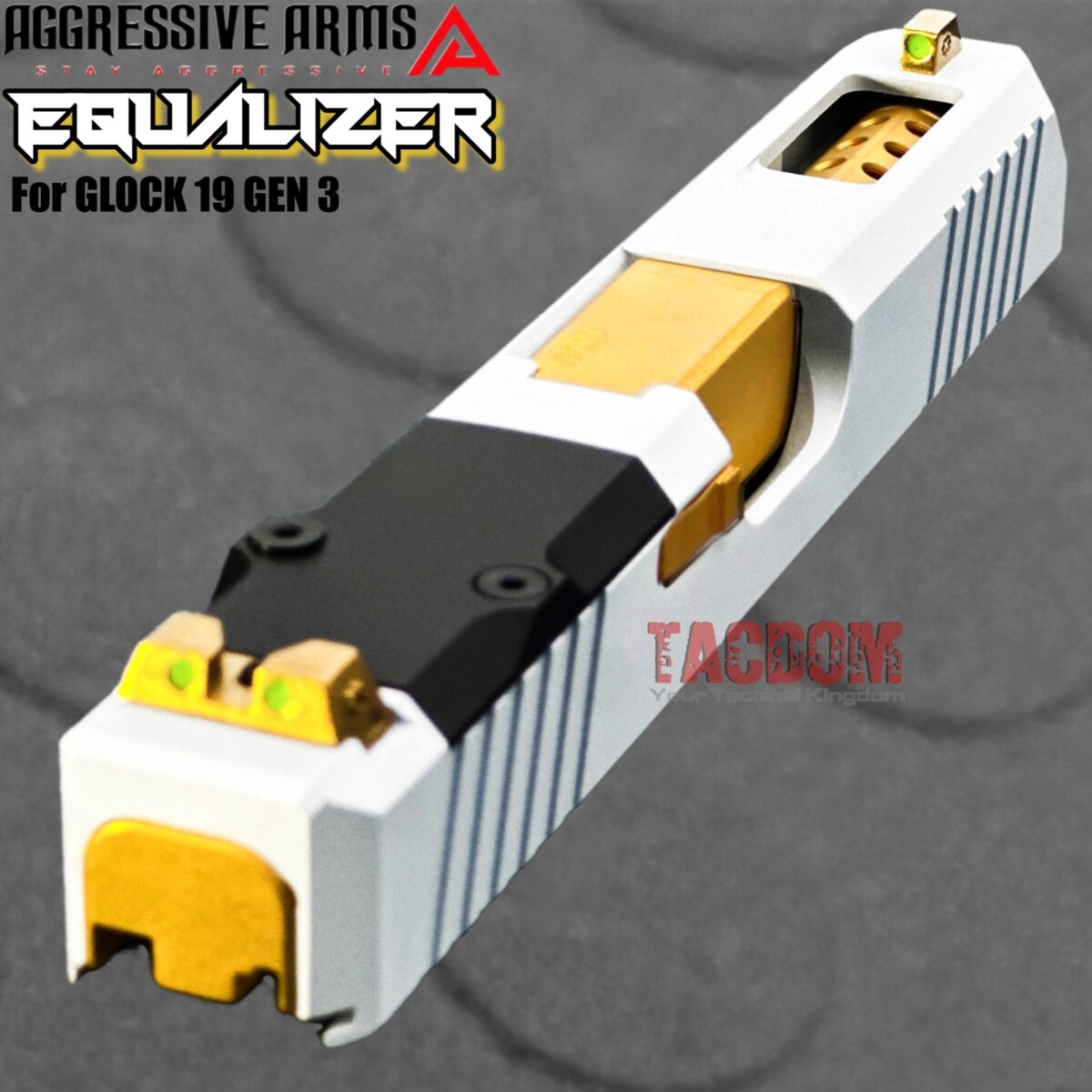 AGGRESSIVE ARMS EQUALIZER COMPLETE PORTED WHITE SLIDE + GOLD OCTA PORT BARREL + GOLD TITANIUM UPPER PARTS KIT + GOLD SIGHTS FOR GLOCK 19 GEN 3 - Image 9
