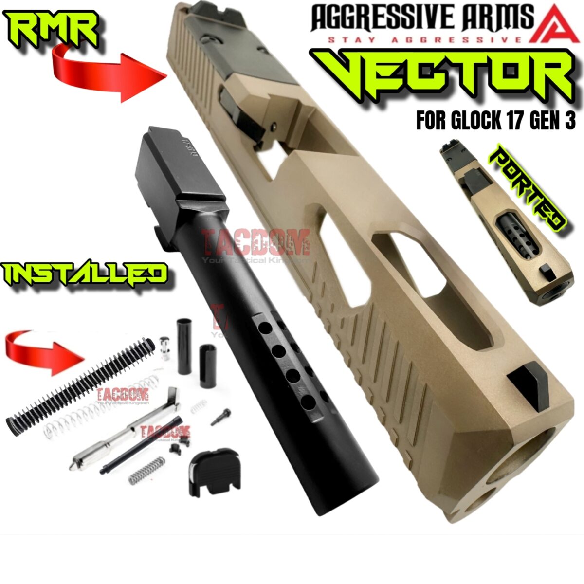 AGGRESSIVE ARMS VECTOR FDE COMPLETE PORTED SLIDE + PORTED BLACK BARREL + UPPER PARTS KIT INSTALLED + SIGHTS FOR GLOCK 17 GEN 3 - Image 1