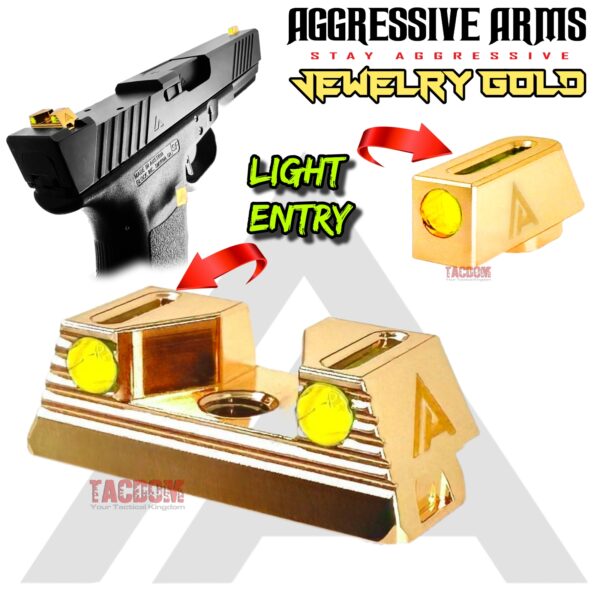 Aggressive Arms TOP LIGHT GATHERING 3 POINT Standard Height Stainless Steel JEWELRY GOLD plated Sights For Glock 17/19/19x/20/21/22/23/24/26/27/29/31/32/34/35/43/43x/45/48