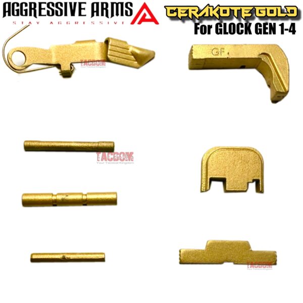 AGGRESSIVE ARMS GOLD CERAKOTED PARTS FOR GLOCK GEN 1-4 - SLIDE RELEASE / LOCK - SLIDE LOCK - PINS - REAR COVER PLATE - MAGAZINE CATCH