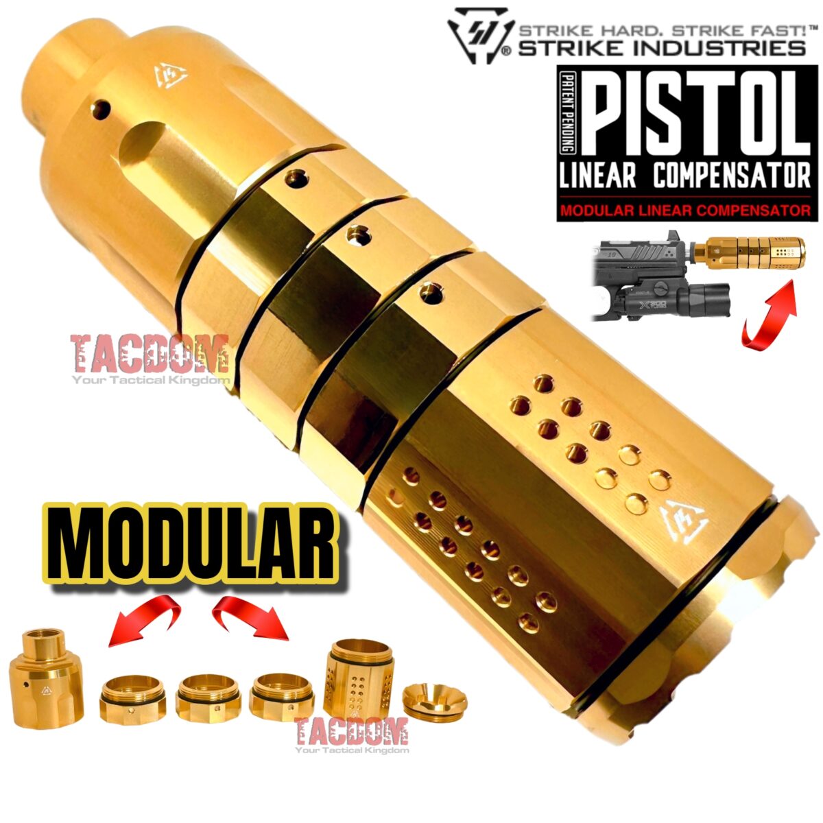 Strike Industries Modular Pistol Compensator for 1/2-28 Threaded Barrel 9mm Linear Comp - SHINY GOLD - Image 1