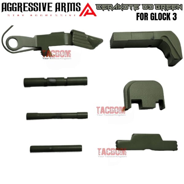 AGGRESSIVE ARMS OD GREEN CERAKOTED PARTS FOR GLOCK GEN 1 2 3 4* - SLIDE RELEASE / LOCK - SLIDE LOCK - PINS - REAR COVER PLATE - MAGAZINE CATCH