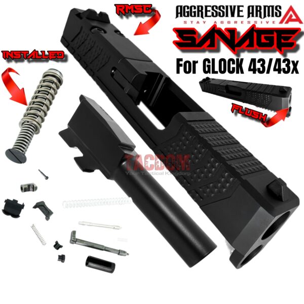 AGGRESSIVE ARMS SAVAGE EDITION RMSC OPTIC CUT Slide BLACK for GLOCK 43 43X PF9SS 9mm 416 STAINLESS + FLUSH CUT BARREL + UPPER PARTS