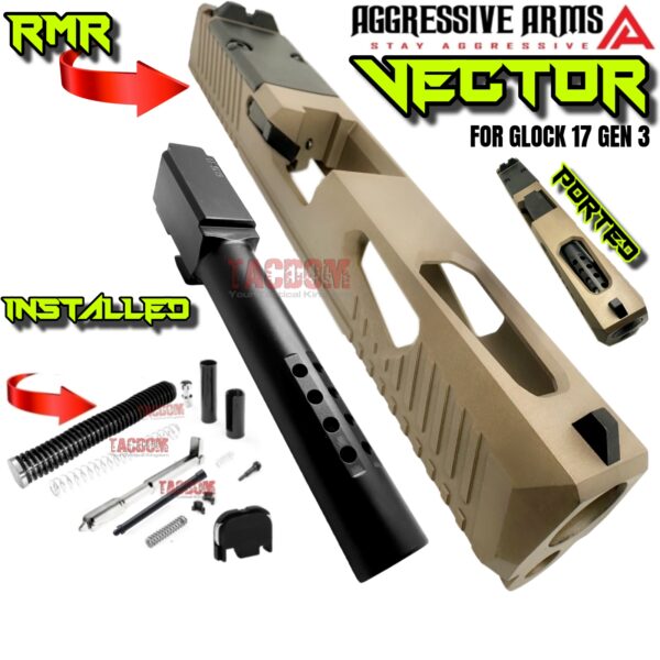 AGGRESSIVE ARMS VECTOR FDE COMPLETE PORTED SLIDE + PORTED BLACK BARREL + UPPER PARTS KIT INSTALLED + SIGHTS FOR GLOCK 17 GEN 3