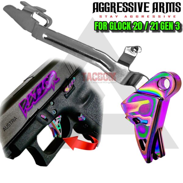 AGGRESSIVE ARMS RAZZOR JEWLERY RAINBOW FINISH for GLOCK 20 - 21 GEN 3 "BILLET ALUMINUM" FLAT TRIGGER WITH POLISHED OEM BAR