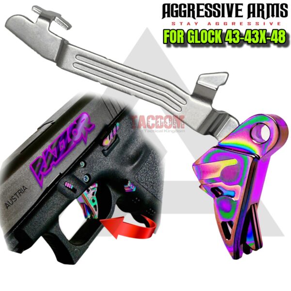 AGGRESSIVE ARMS RAZZOR JEWLERY RAINBOW FINISH for GLOCK 43 - 43X - 48 "BILLET ALUMINUM" FLAT TRIGGER WITH BAR