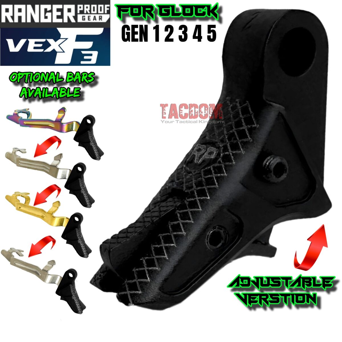 RANGER PROOF / JOHNNY GLOCK COLLABORATION VEX F3 "ALL" STEALTH Black/Black "ADJUSTABLE VERSION" TRIGGER for GLOCK GEN 1 2 3 4 5 - 17 19 19X 20 21 22 23 24 26 27 31 32 33 34 35 37 36 38 39 43 43x 45 48 - Image 1