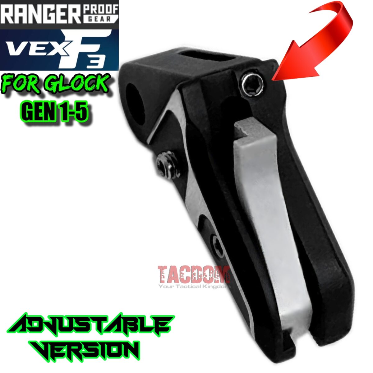 RANGER PROOF / JOHNNY GLOCK COLLABORATION VEX F3 Black /SILVER TWO-TONE "ADJUSTABLE VERSION" TRIGGER for GLOCK GEN 1 2 3 4 5 - 17 19 19X 20 21 22 23 24 26 27 31 32 33 34 35 37 36 38 39 43 43x 45 48 (Copy) - Image 2