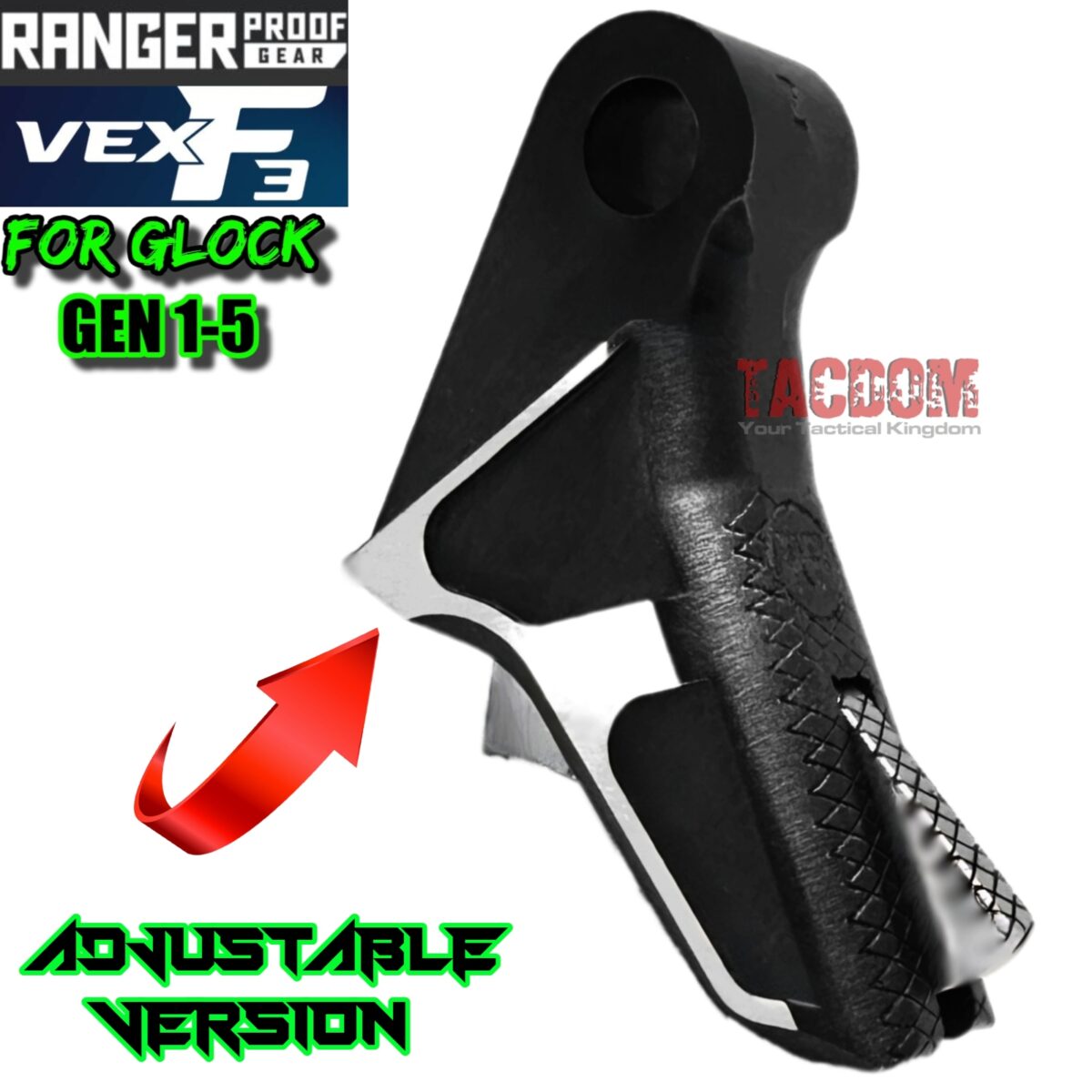 RANGER PROOF / JOHNNY GLOCK COLLABORATION VEX F3 Black /SILVER TWO-TONE "ADJUSTABLE VERSION" TRIGGER for GLOCK GEN 1 2 3 4 5 - 17 19 19X 20 21 22 23 24 26 27 31 32 33 34 35 37 36 38 39 43 43x 45 48 (Copy) - Image 3