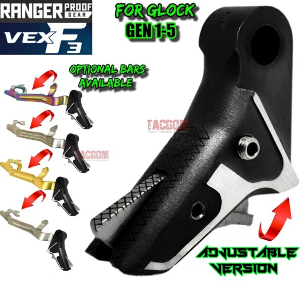RANGER PROOF / JOHNNY GLOCK COLLABORATION VEX F3 Black /SILVER TWO-TONE "ADJUSTABLE VERSION" TRIGGER for GLOCK GEN 1 2 3 4 5 - 17 19 19X 20 21 22 23 24 26 27 31 32 33 34 35 37 36 38 39 43 43x 45 48 (Copy)