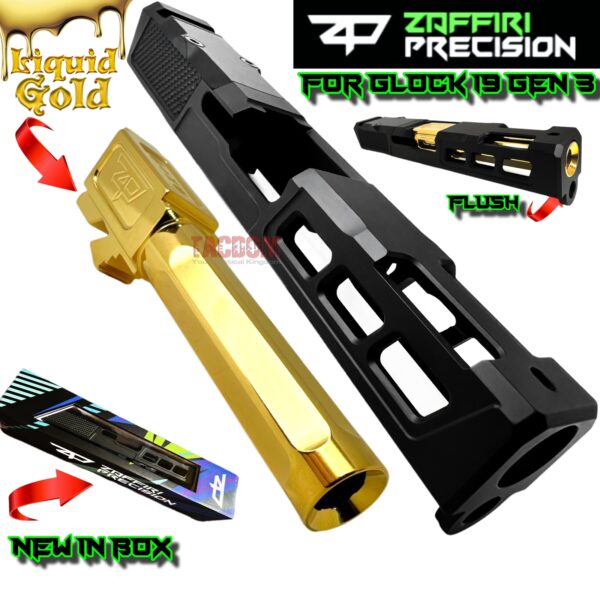 ZAFFIRI BLACK ZPS.P RMR SLIDE For GLOCK 19 GEN 3 + SHINY GOLD FLUSH CUT FLUTED BARREL