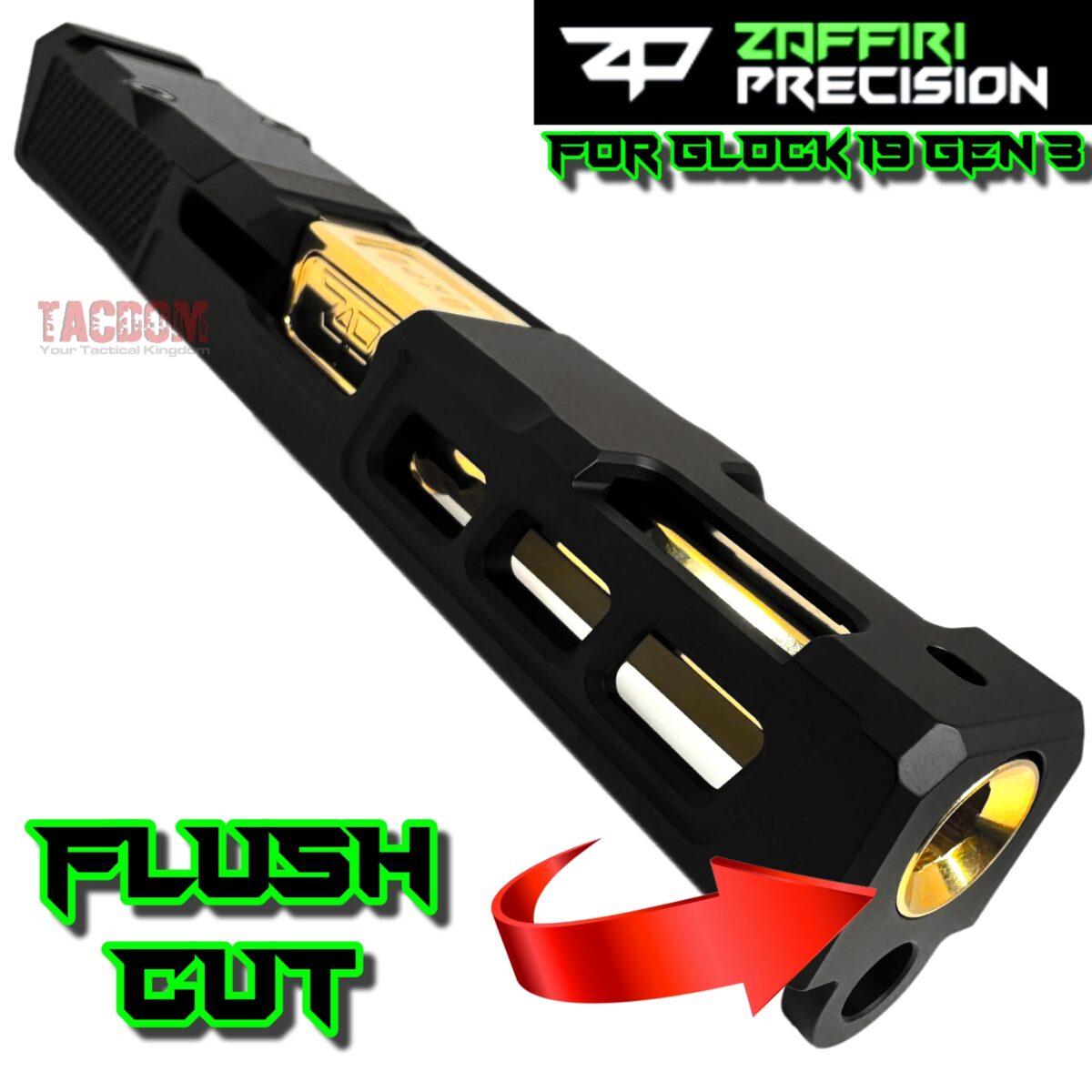 ZAFFIRI BLACK ZPS.P RMR SLIDE For GLOCK 19 GEN 3 + SHINY GOLD FLUSH CUT FLUTED BARREL - Image 2
