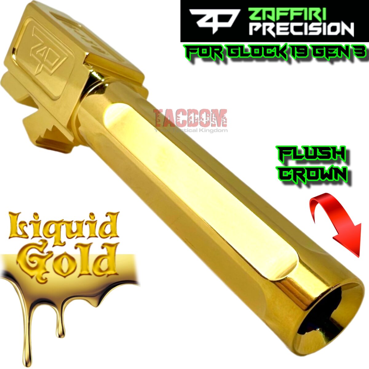 ZAFFIRI BLACK ZPS.P RMR SLIDE For GLOCK 19 GEN 3 + SHINY GOLD FLUSH CUT FLUTED BARREL - Image 4