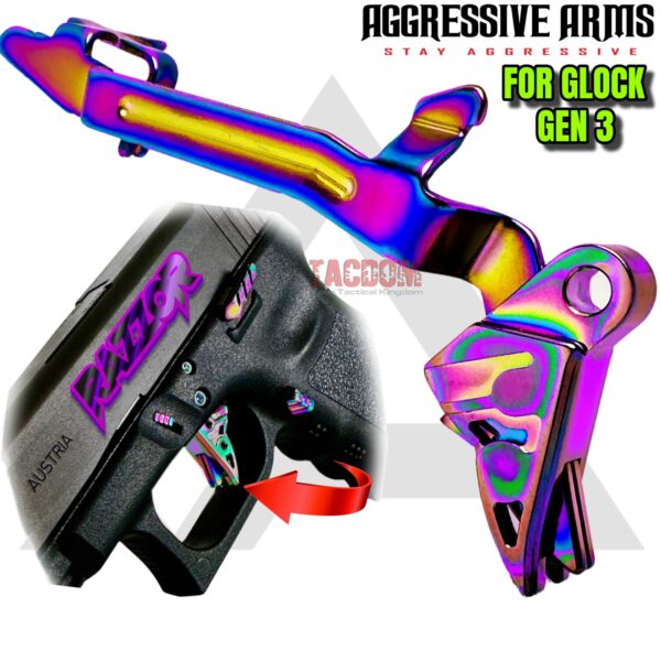 AGGRESSIVE ARMS RAZZOR JEWLERY RAINBOW FINISH for GLOCK GEN 3 "BILLET ALUMINUM" FLAT TRIGGER WITH RAINBOW BAR