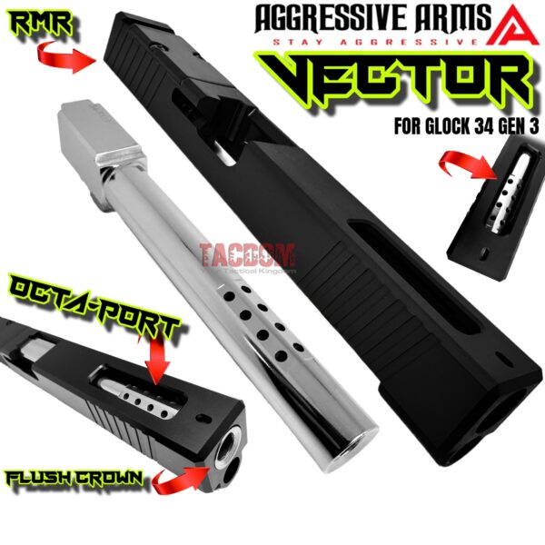 AGGRESSIVE ARMS VECTOR TOP Ported BLACK SLIDE + Compensated Barrel for GLOCK 34 GEN 1 2 3 4 - POLISHED STAINLESS STEEL - CHROME LIKE