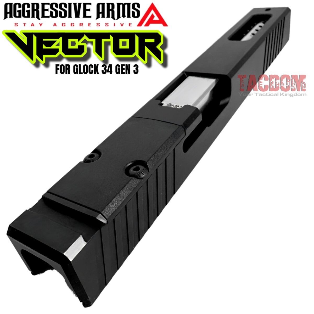 AGGRESSIVE ARMS VECTOR TOP Ported BLACK SLIDE + Compensated Barrel for GLOCK 34 GEN 1 2 3 4 - POLISHED STAINLESS STEEL - CHROME LIKE - Image 7
