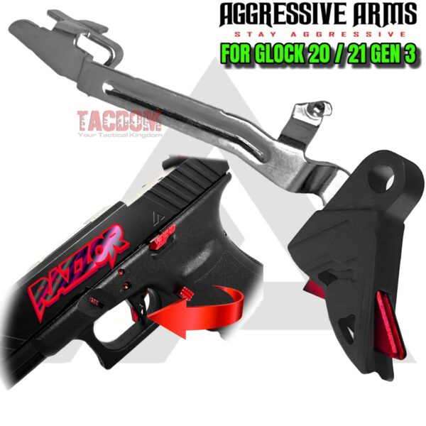 AGGRESSIVE ARMS RAZZOR STEALTH BLACK & RED for GLOCK 20 - 21 GEN 3 "BILLET ALUMINUM" FLAT TRIGGER WITH POLISHED OEM BAR