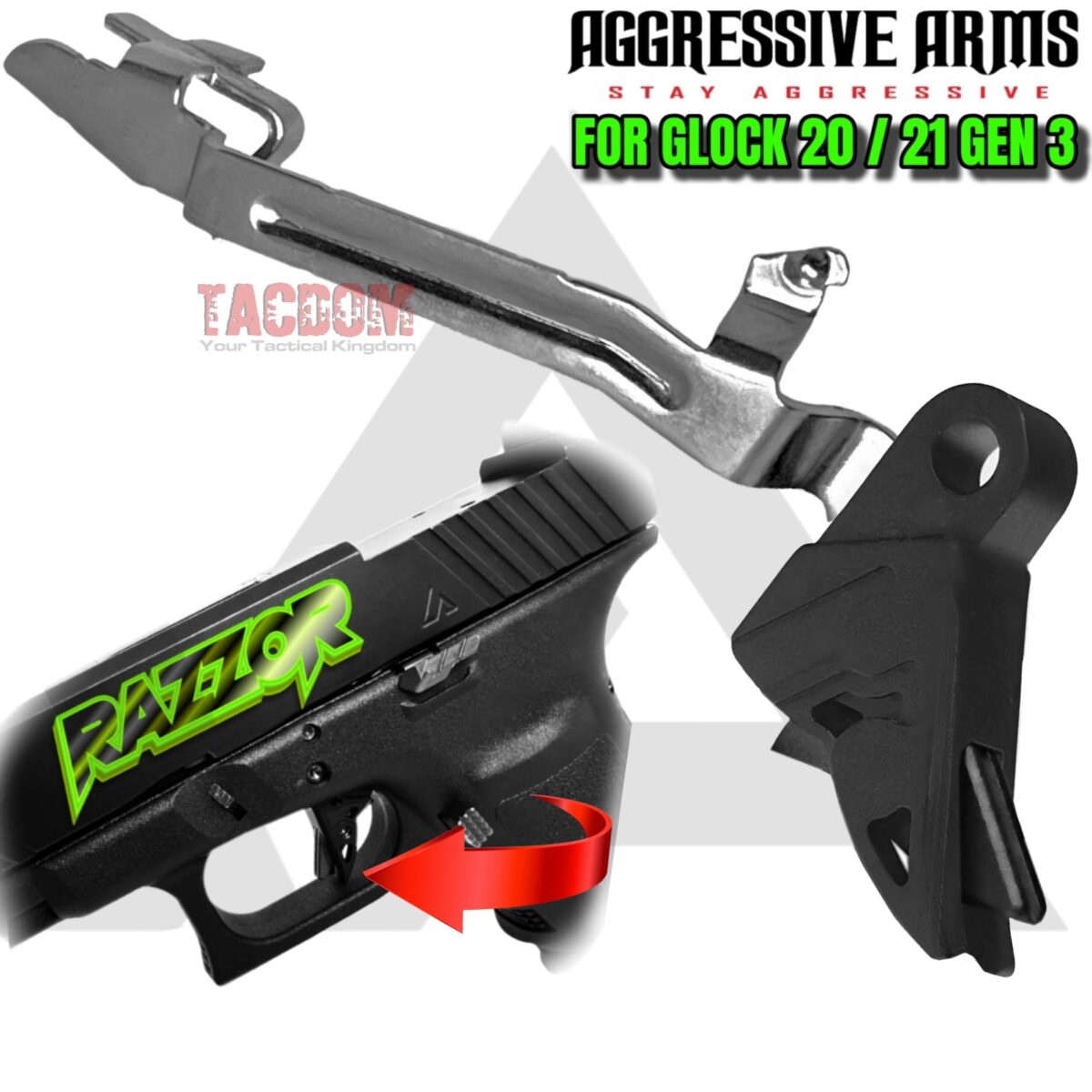 AGGRESSIVE ARMS RAZZOR STEALTH BLACK for GLOCK 20 - 21 GEN 3 "BILLET ALUMINUM" FLAT TRIGGER WITH POLISHED OEM BAR - Image 1