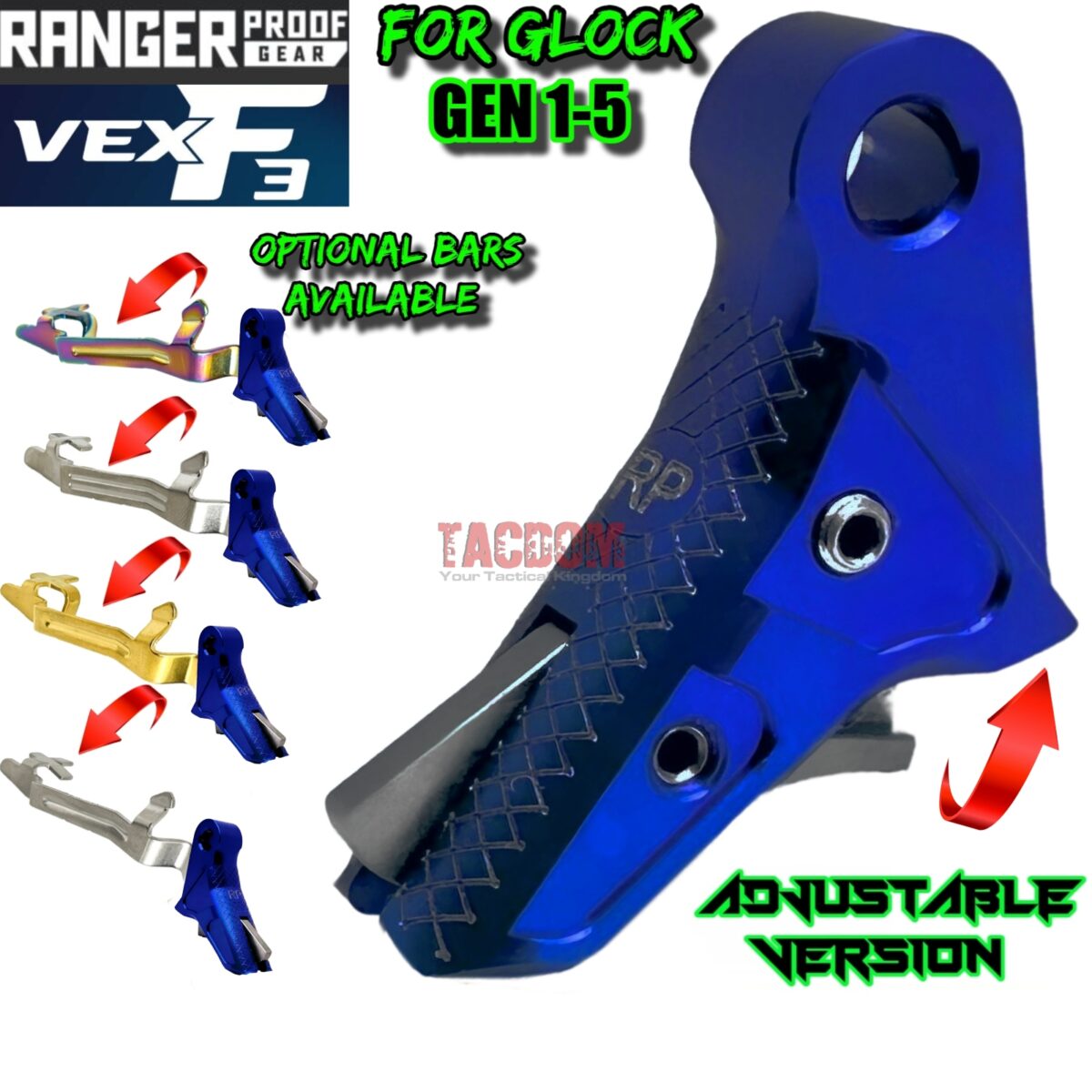 RANGER PROOF / JOHNNY GLOCK COLLABORATION VEX F3 DARK BLUE ADJUSTABLE TRIGGER for GLOCK GEN 1 2 3 4 5 - 17 19 19X 20 21 22 23 24 26 27 31 32 33 34 35 37 36 38 39 43 43x 45 48 - Image 1