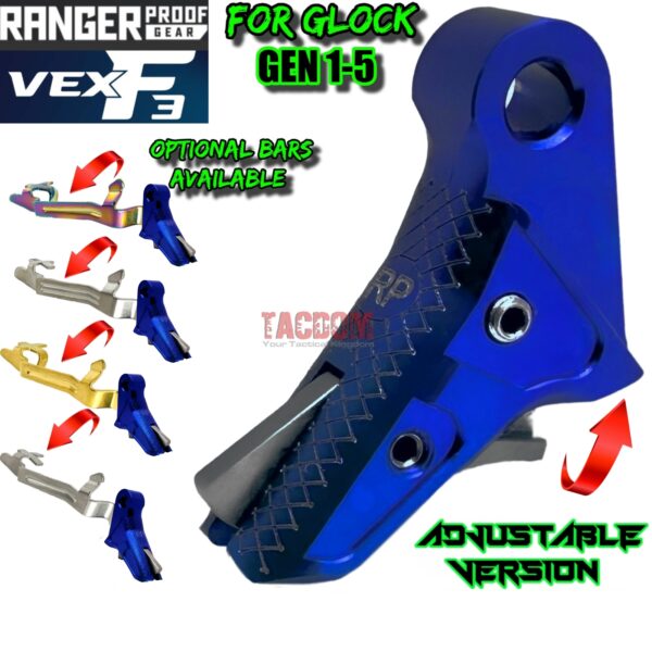 RANGER PROOF / JOHNNY GLOCK COLLABORATION VEX F3 DARK BLUE ADJUSTABLE TRIGGER for GLOCK GEN 1 2 3 4 5 - 17 19 19X 20 21 22 23 24 26 27 31 32 33 34 35 37 36 38 39 43 43x 45 48