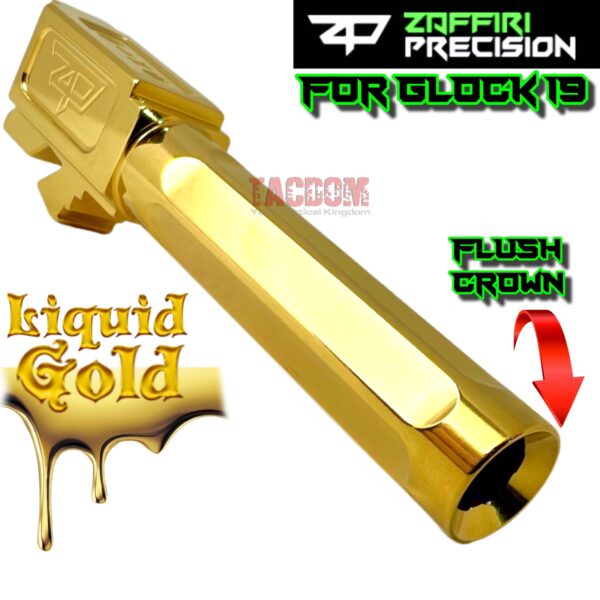 ZAFFIRI ZP.19BG SHINY GOLD FLUTED FLUSH CROWN BARREL for GLOCK 19 GEN 1 2 3 4