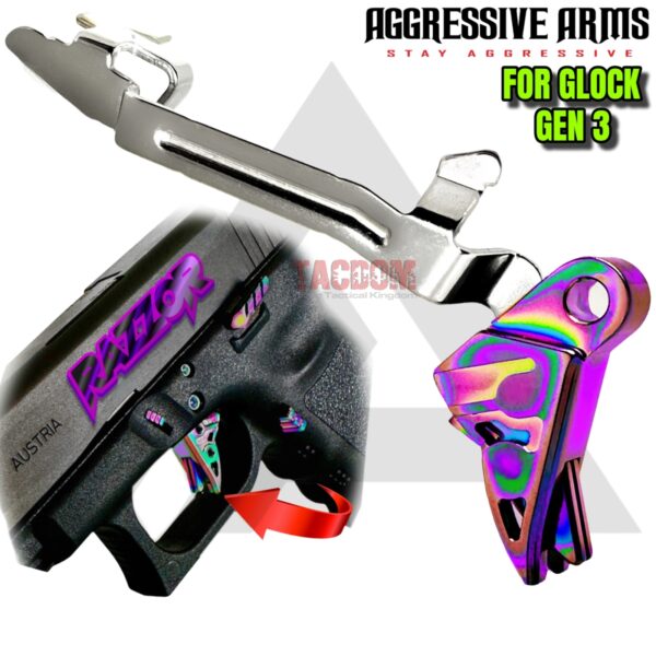 AGGRESSIVE ARMS RAZZOR JEWLERY RAINBOW FINISH for GLOCK GEN 3 "BILLET ALUMINUM" FLAT TRIGGER WITH ENHANCED BAR