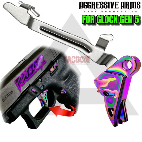 AGGRESSIVE ARMS RAZZOR JEWLERY RAINBOW FINISH for GLOCK GEN 5 "BILLET ALUMINUM" FLAT TRIGGER WITH ENHANCED BAR
