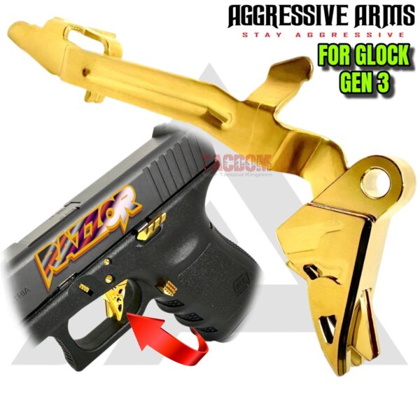 AGGRESSIVE ARMS RAZZOR JEWLERY GOLD FINISH for GLOCK GEN 3 "BILLET ALUMINUM" FLAT TRIGGER WITH ENHANCED GOLD BAR