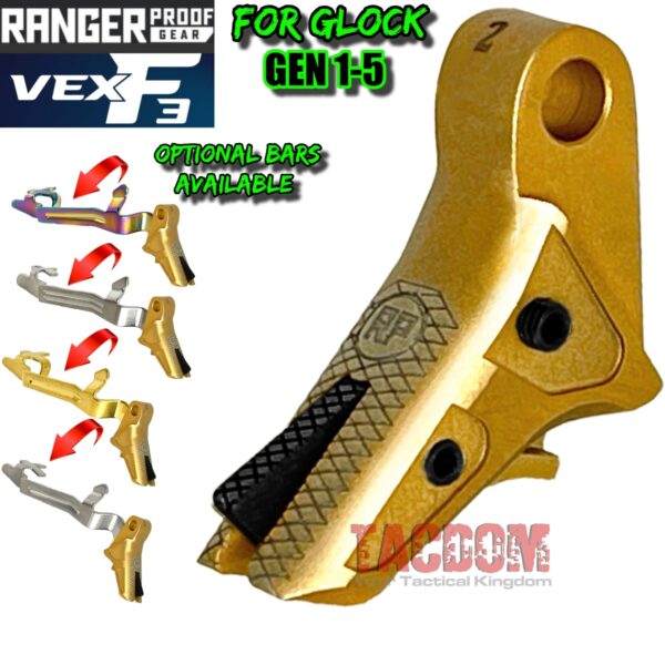 RANGER PROOF / JOHNNY GLOCK COLLABORATION VEX F3 GOLD / BLACK TRIGGER for GLOCK GEN 1 2 3 4 5 - 17 19 19X 20 21 22 23 24 26 27 31 32 33 34 35 37 36 38 39 43 43x 45 48