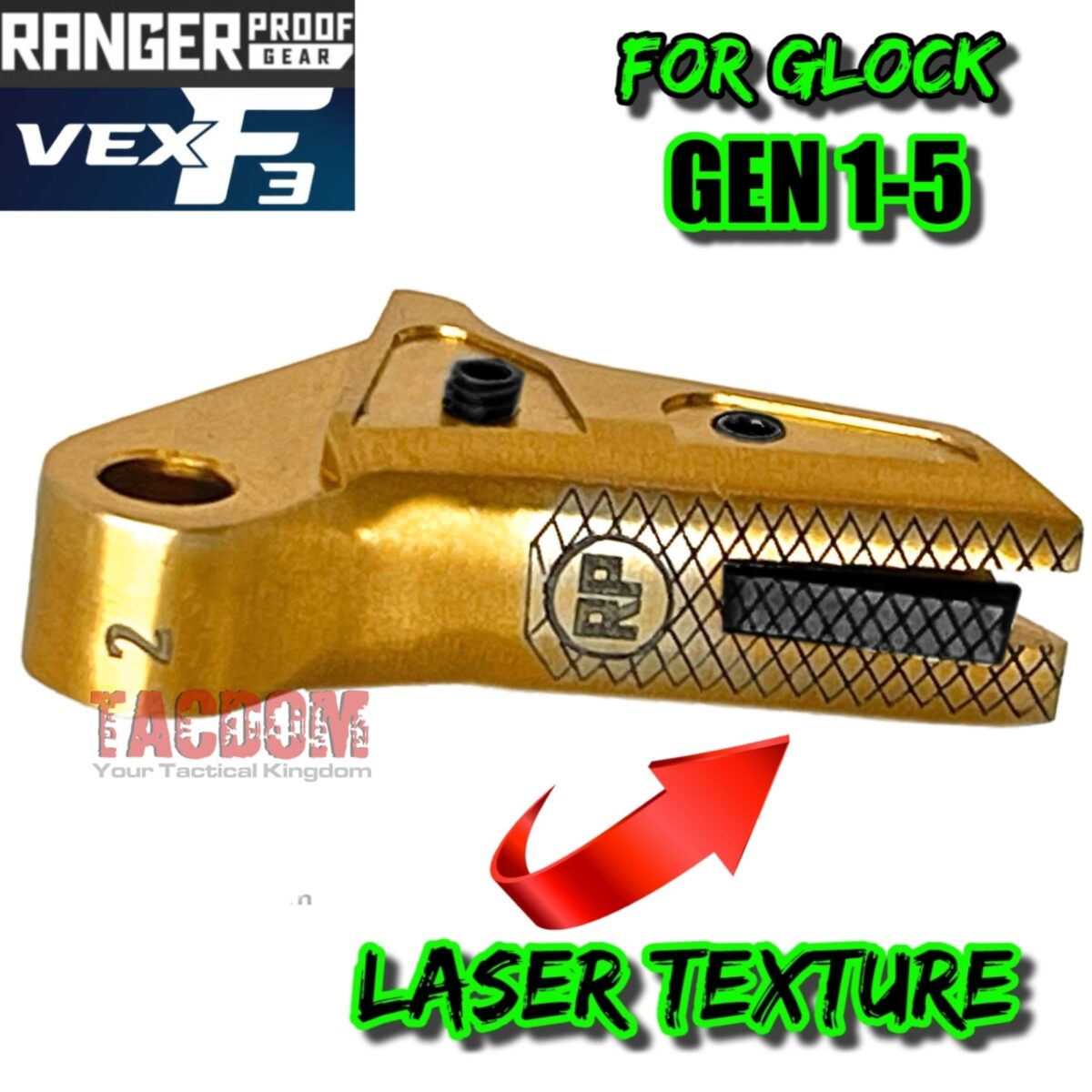 RANGER PROOF / JOHNNY GLOCK COLLABORATION VEX F3 GOLD / BLACK TRIGGER for GLOCK GEN 1 2 3 4 5 - 17 19 19X 20 21 22 23 24 26 27 31 32 33 34 35 37 36 38 39 43 43x 45 48 - Image 2