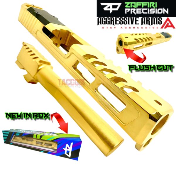 ZAFFIRI SHINY GOLD ZPS.2 RMR SLIDE For GLOCK 17 GEN 3 + RAAZOR FLUSH CUT BARREL