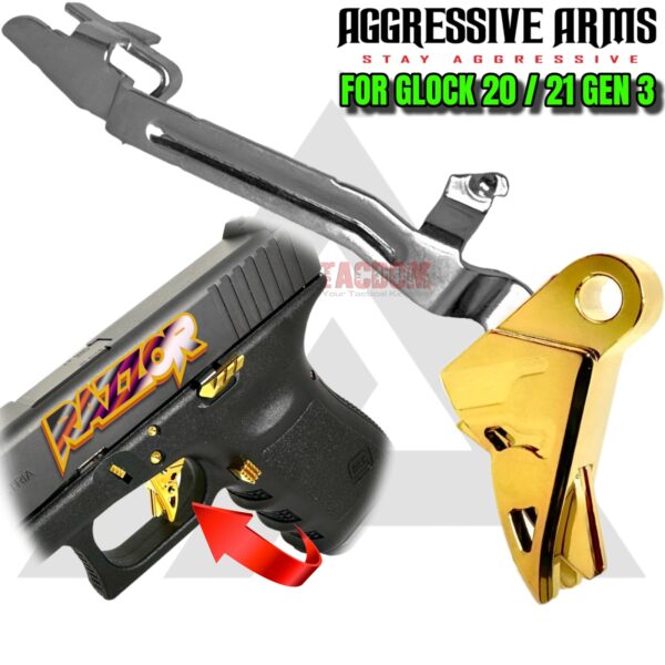 AGGRESSIVE ARMS RAZZOR JEWLERY GOLD FINISH for GLOCK 20 - 21 GEN 3 "BILLET ALUMINUM" FLAT TRIGGER WITH POLISHED OEM BAR