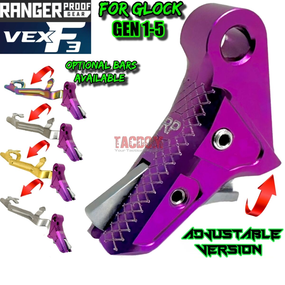 RANGER PROOF / JOHNNY GLOCK COLLABORATION VEX F3 PURPLE ADJUSTABLE TRIGGER for GLOCK GEN 1 2 3 4 5 - 17 19 19X 20 21 22 23 24 26 27 31 32 33 34 35 37 36 38 39 43 43x 45 48 - Image 1