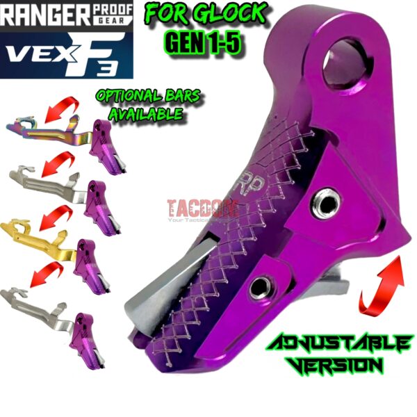 RANGER PROOF / JOHNNY GLOCK COLLABORATION VEX F3 PURPLE ADJUSTABLE TRIGGER for GLOCK GEN 1 2 3 4 5 - 17 19 19X 20 21 22 23 24 26 27 31 32 33 34 35 37 36 38 39 43 43x 45 48