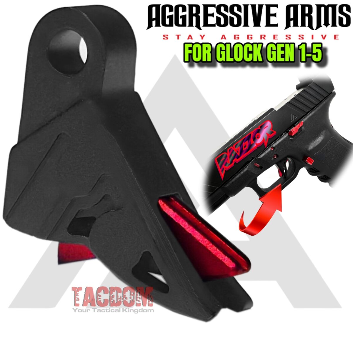AGGRESSIVE ARMS RAZZOR COMBAT BLACK / RED FINISH for GLOCK GEN 1 2 3 4 5 "BILLET ALUMINUM" FLAT TRIGGER - Image 1