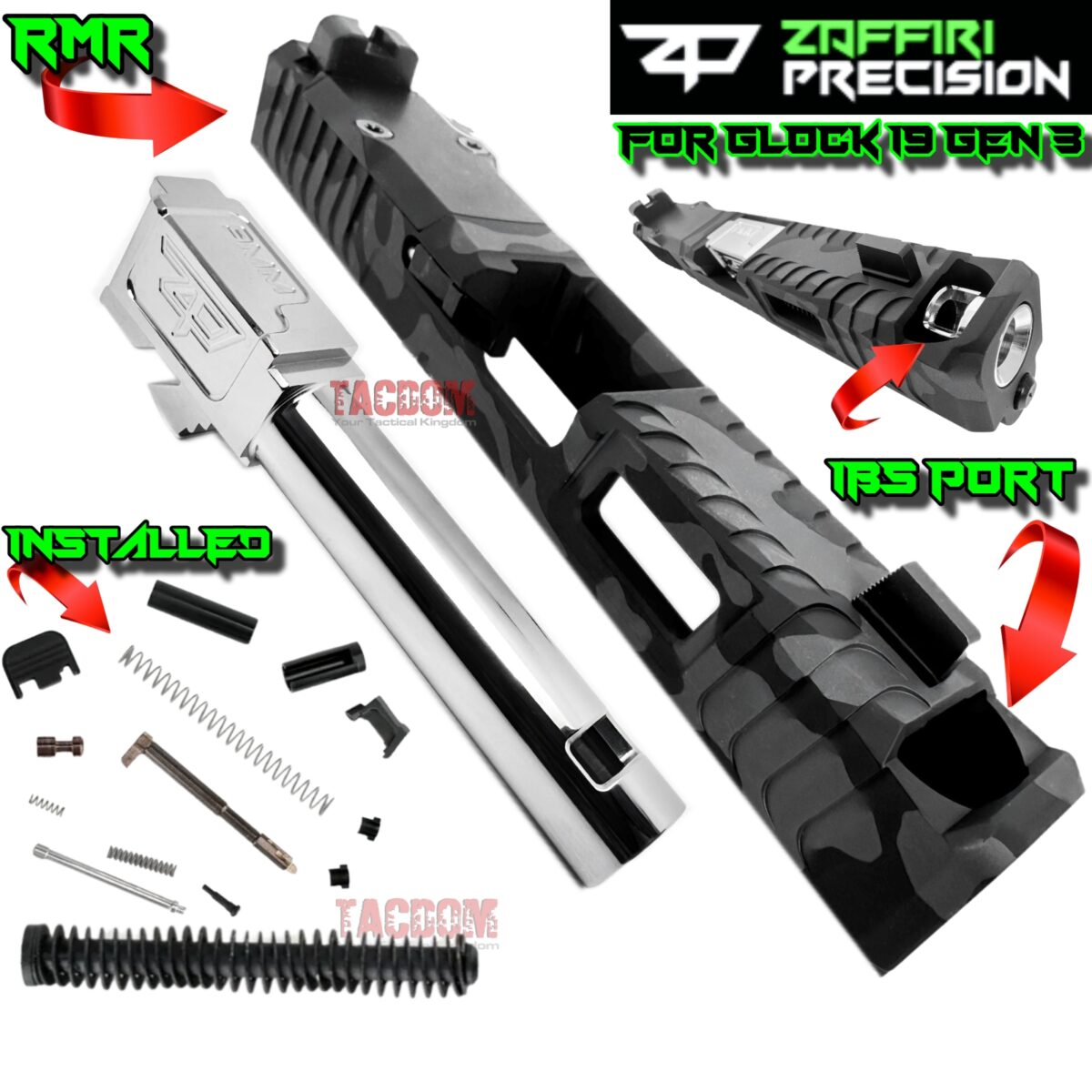 ZAFFIRI BLACK CAMO COMPLETE IBS PORTED SLIDE WITH POLISHED IBS BARREL - SIGHTS - UPK INSTALLED - RMR COVER PLATE FOR GLOCK 19 GEN 3 - Image 1