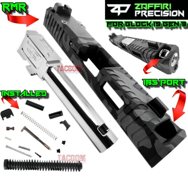 ZAFFIRI BLACK CAMO COMPLETE IBS PORTED SLIDE WITH POLISHED IBS BARREL - SIGHTS - UPK INSTALLED - RMR COVER PLATE FOR GLOCK 19 GEN 3