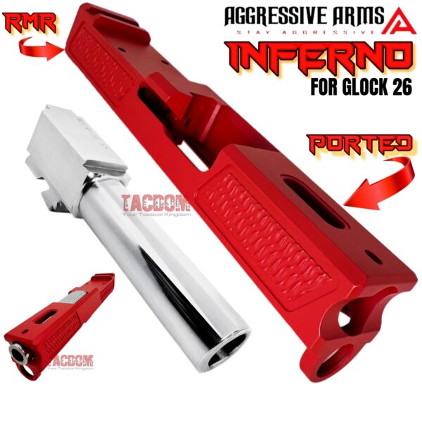 AGGRESSIVE ARMS INFERNO RED PORTED RMR SLIDE AND POLISHED STAINLESS STEEL BARREL FOR GLOCK 26 GEN 3