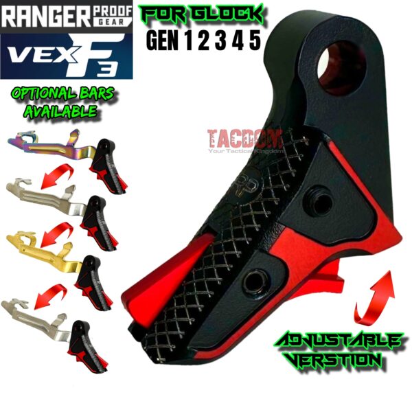 RANGER PROOF / JOHNNY GLOCK COLLABORATION VEX F3 "EXCLUSIVE" BLACK / RED ADJUSTABLE TRIGGER for GLOCK GEN 1 2 3 4 5 - 17 19 19X 20 21 22 23 24 26 27 31 32 33 34 35 37 36 38 39 43 43x 45 48
