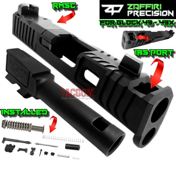 ZAFFIRI BLACK COMPLETE IBS PORTED SLIDE WITH IBS BARREL - SIGHTS - UPK INSTALLED - RMSC COVER PLATE FOR GLOCK 43 / 43X