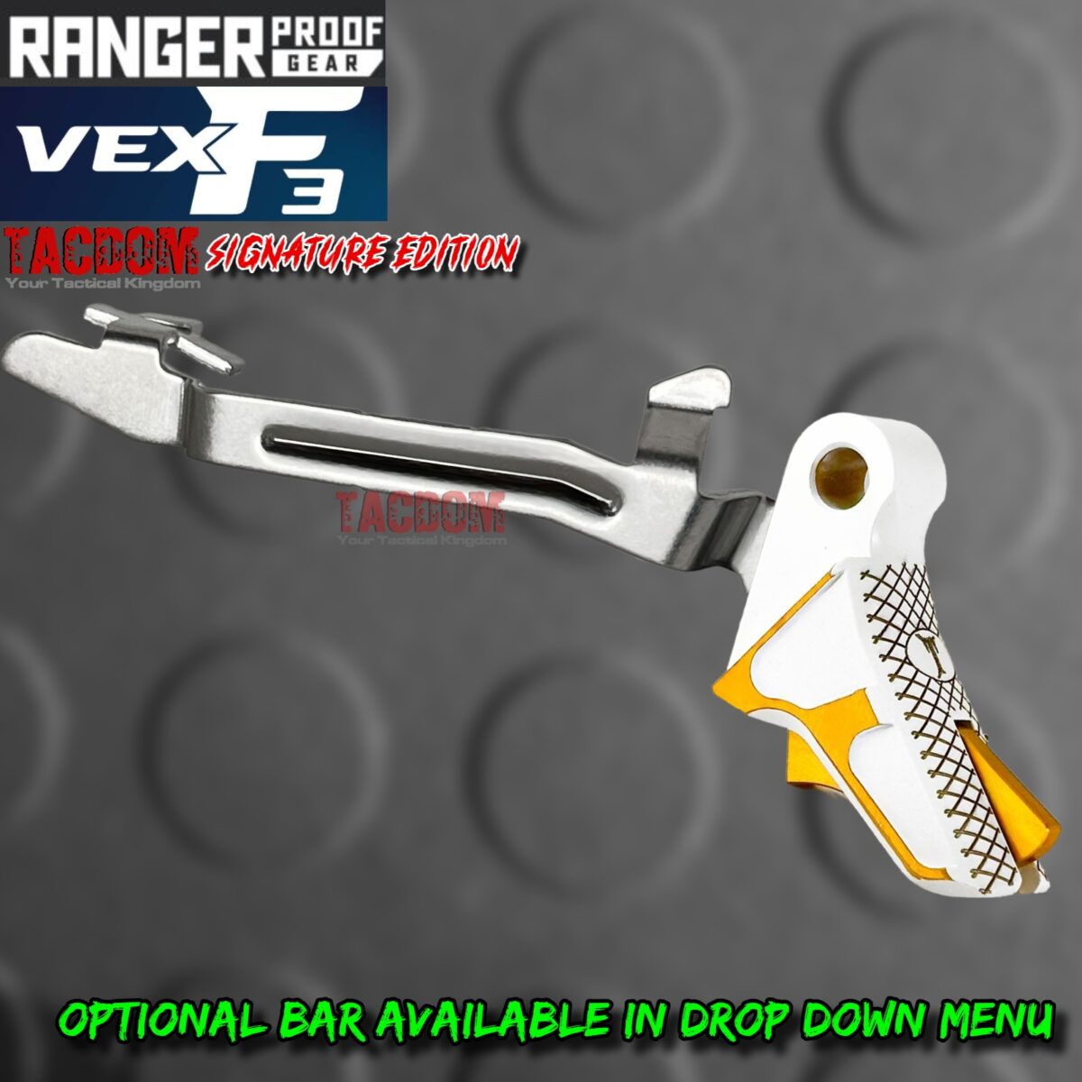 RANGER PROOF / JOHNNY GLOCK COLLABORATION VEX F3 "TACDOM SIGNATURE" WHITE / GOLD ADJUSTABLE TRIGGER for GLOCK GEN 1 2 3 4 5 - 17 19 19X 20 21 22 23 24 26 27 31 32 33 34 35 37 36 38 39 43 43x 45 48 - Image 8