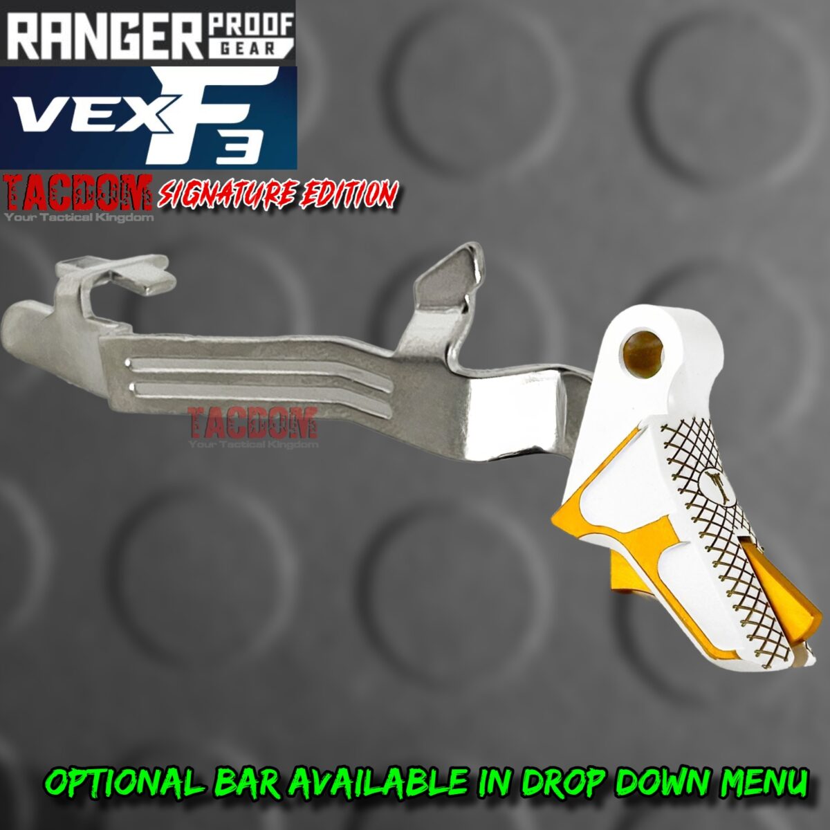 RANGER PROOF / JOHNNY GLOCK COLLABORATION VEX F3 "TACDOM SIGNATURE" WHITE / GOLD ADJUSTABLE TRIGGER for GLOCK GEN 1 2 3 4 5 - 17 19 19X 20 21 22 23 24 26 27 31 32 33 34 35 37 36 38 39 43 43x 45 48 - Image 7