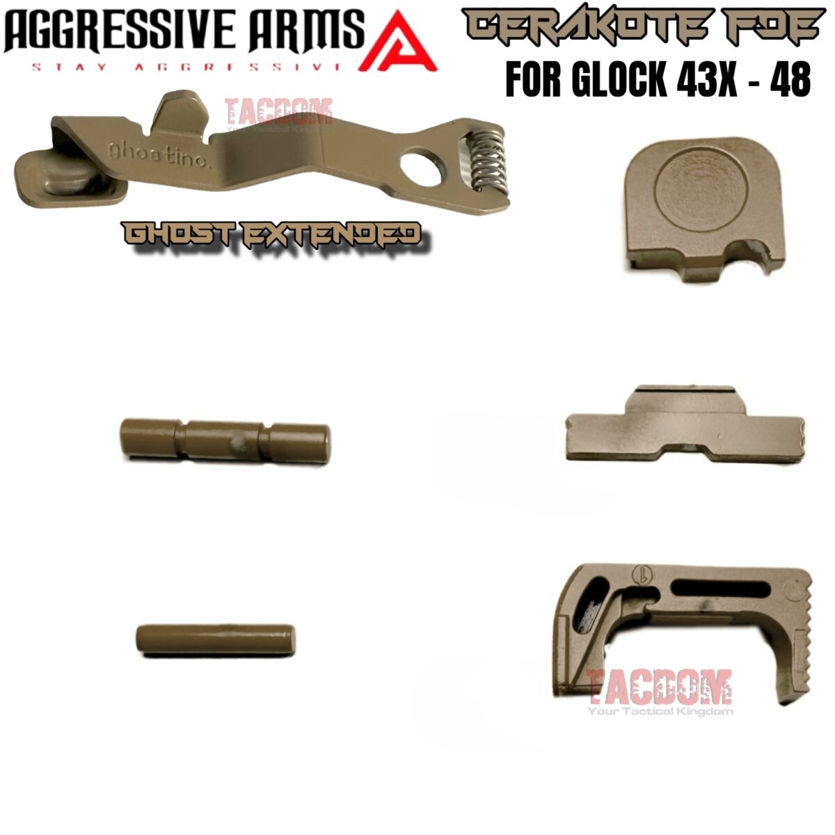 AGGRESSIVE ARMS FDE TAN CERAKOTED PARTS FOR GLOCK 43X / 48 - GHOST EXTENDED SLIDE RELEASE / CATCH - SLIDE LOCK - PINS - REAR COVER PLATE - MAGAZINE CATCH - Image 2