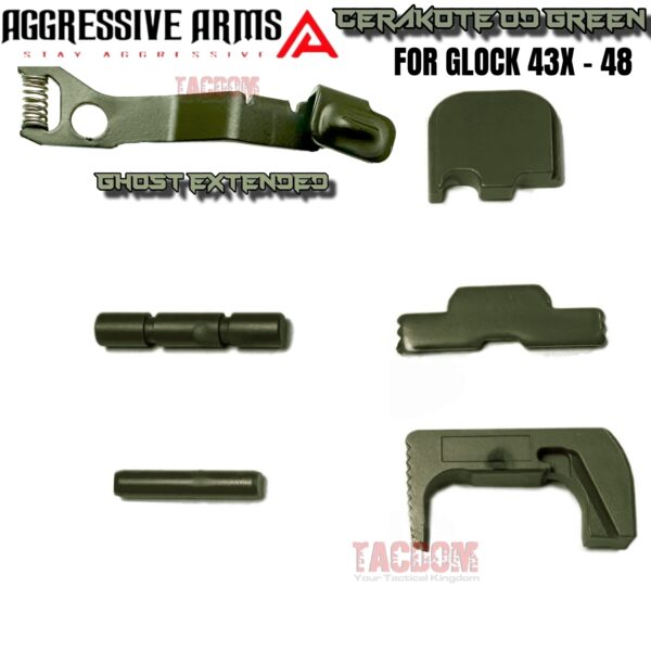 AGGRESSIVE ARMS OD GREEN CERAKOTED PARTS FOR GLOCK 43X / 48 - GHOST EXTENDED SLIDE RELEASE / CATCH - SLIDE LOCK - PINS - REAR COVER PLATE - MAGAZINE CATCH