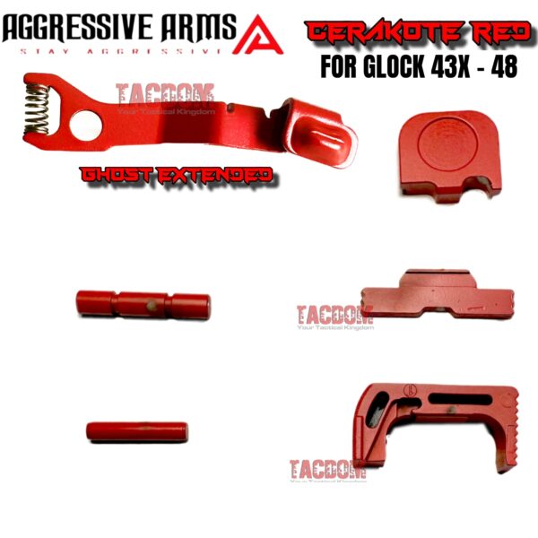 AGGRESSIVE ARMS RED CERAKOTED PARTS FOR GLOCK 43X / 48 - GHOST EXTENDED SLIDE RELEASE / CATCH - SLIDE LOCK - PINS - REAR COVER PLATE - MAGAZINE CATCH