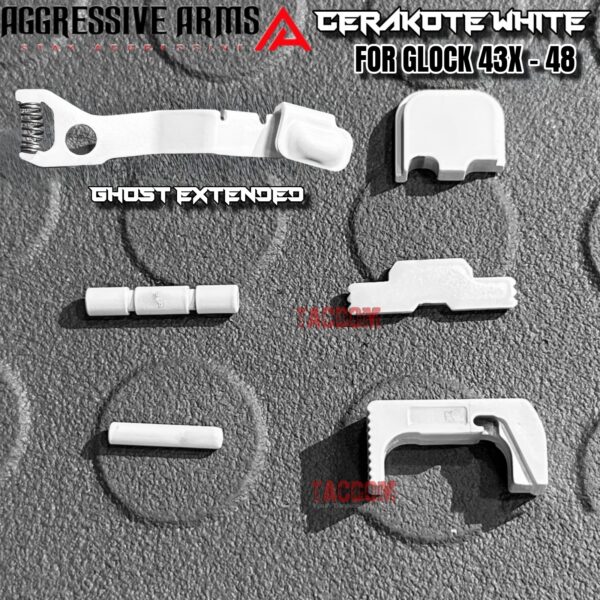 AGGRESSIVE ARMS WHITE CERAKOTED PARTS FOR GLOCK 43X / 48 - GHOST EXTENDED SLIDE RELEASE / CATCH - SLIDE LOCK - PINS - REAR COVER PLATE - MAGAZINE CATCH