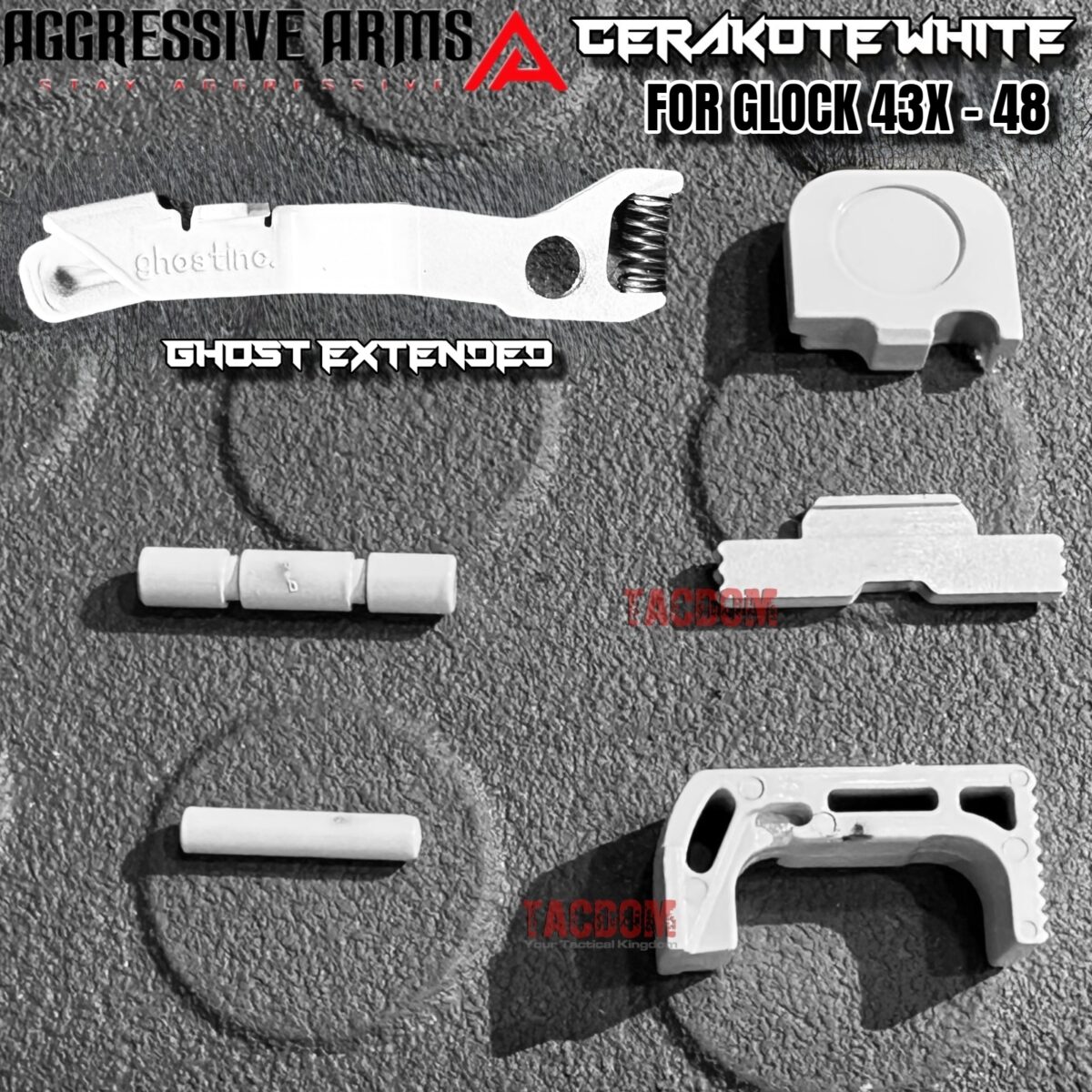 AGGRESSIVE ARMS WHITE CERAKOTED PARTS FOR GLOCK 43X / 48 - GHOST EXTENDED SLIDE RELEASE / CATCH - SLIDE LOCK - PINS - REAR COVER PLATE - MAGAZINE CATCH - Image 2