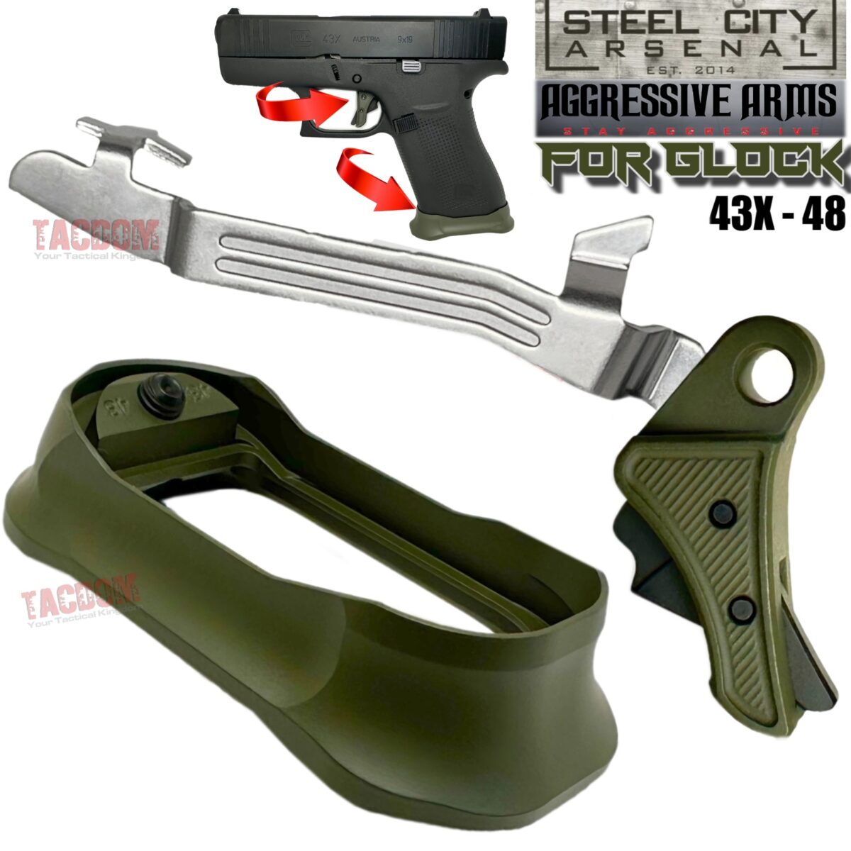 STEEL CITY ARSENAL GLOCK GEN 5  - 43X - 48 ENHANCED OD GREEN MAGWELL – AGGRESSIVE ARMS RLINE RACE TRIGGER +  BAR - Image 1